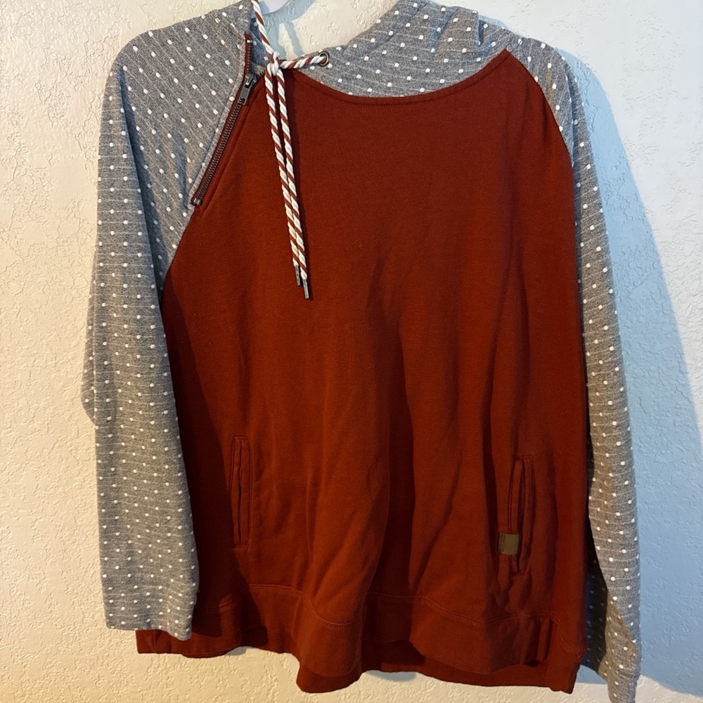Maurices Rust and Gray Hoodie with Polka Dots